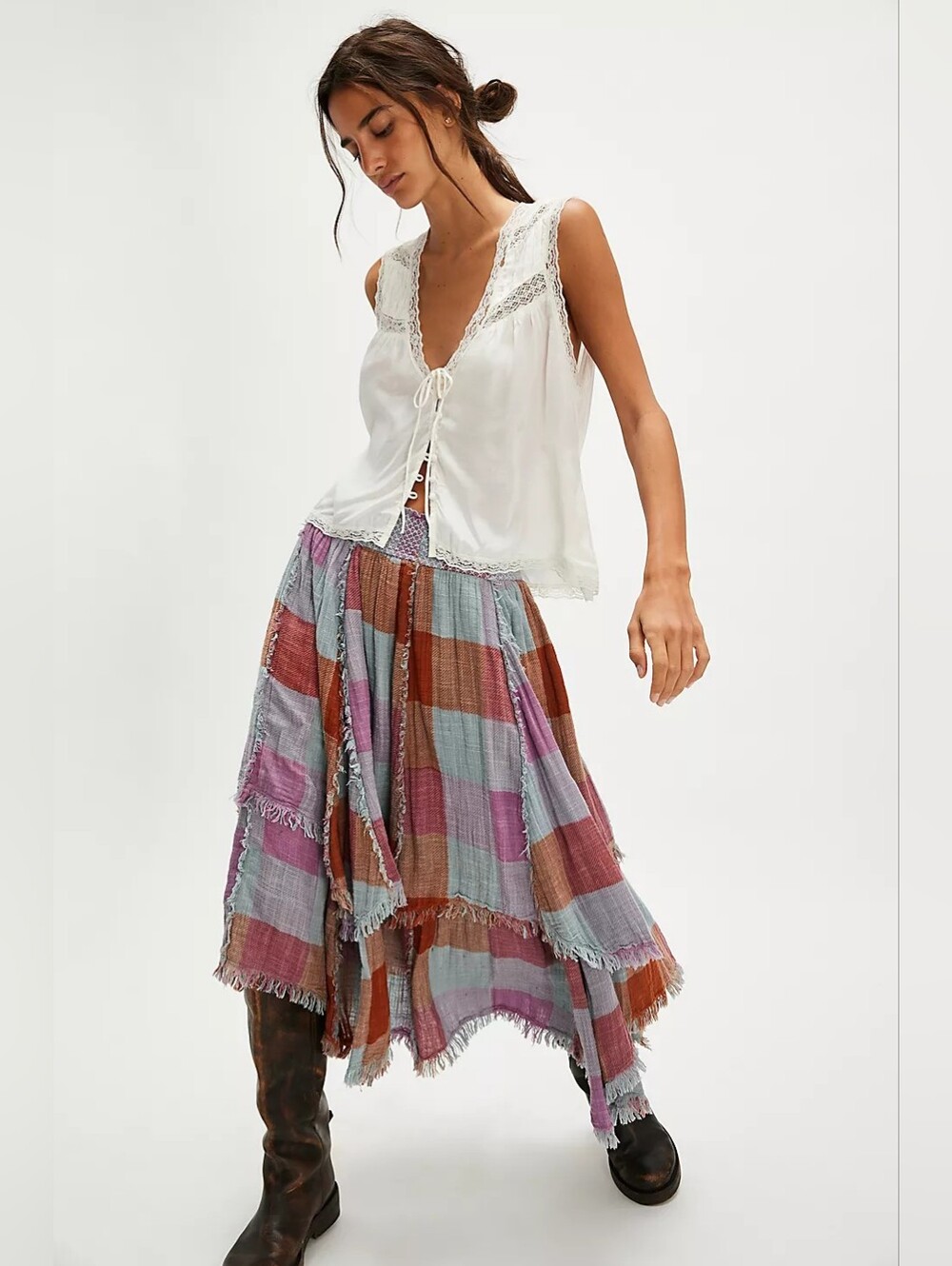Free People One Averie Plaid Maxi Skirt XL Raw Hem Prairie Style